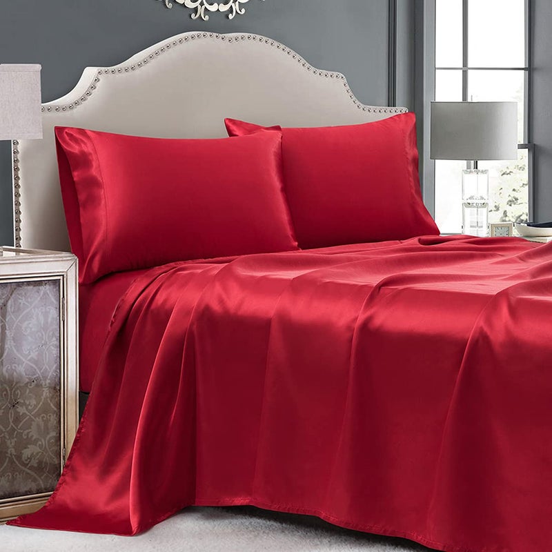 Cobedzy 4 Pieces Red Satin Sheets Queen Size Bed Set, Luxury Silky Satin Bedding Sheets Set with 1 Deep Pocket Fitted Sheet, 1 Soft Flat Sheet, 2 Pillowcases - Image 1